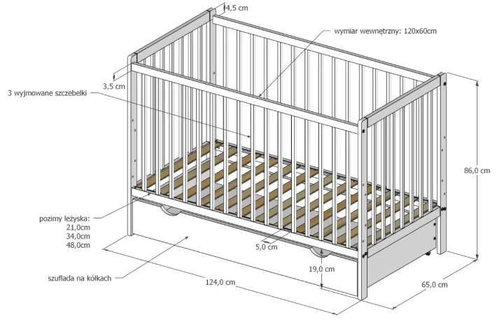 Rysunek wymiarów łóżeczka 120x60 Lilo kaszmir