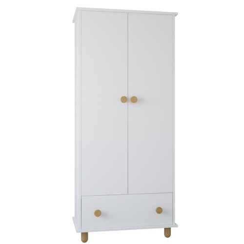 front białej szafy dziecięcej Lilo z okrągłymi bukowymi uchwytami