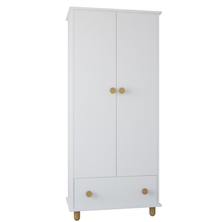 front białej szafy dziecięcej Lilo z okrągłymi bukowymi uchwytami