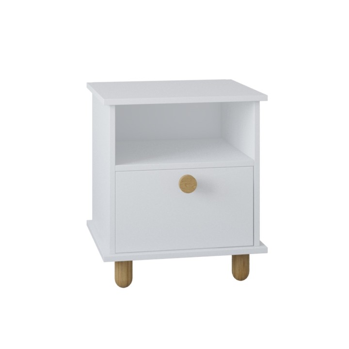 front białej szafki nocnej Lilo z okrągłym bukowym uchwytem