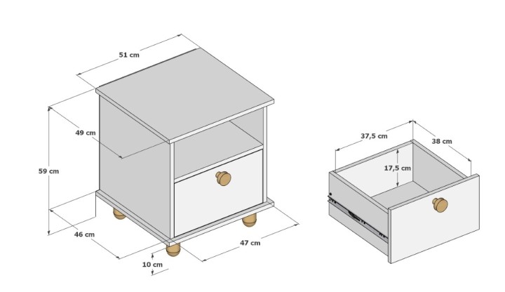 wymiary białej szafki nocnej Lilo