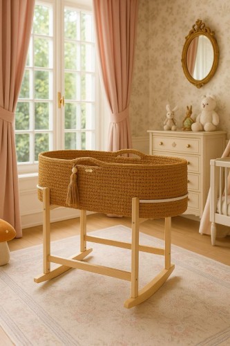 Kosz Mojżesza Caramel na drewnianej kołysce w pokoju niemowlęcym
