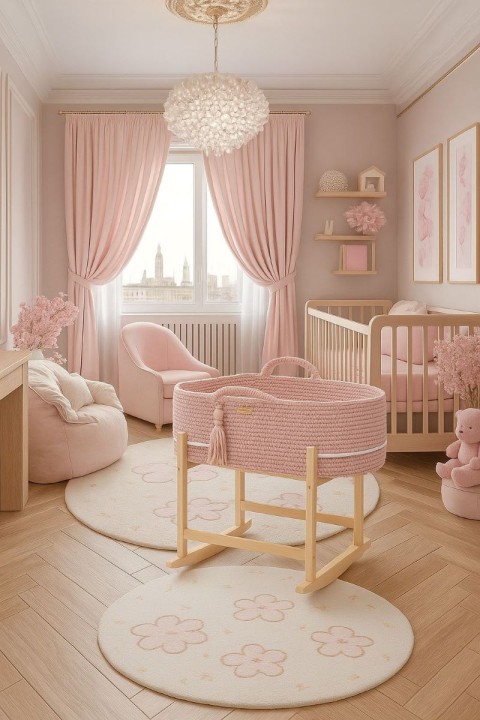 Kosz Mojżesza Pastel Pink na drewnianej kołysce w różowym pokoju