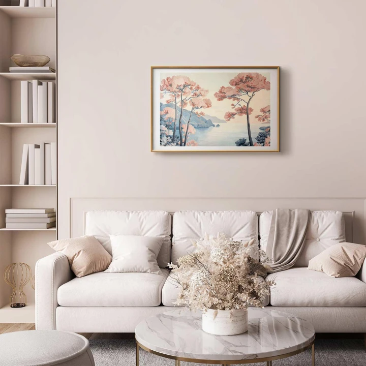 Plakat - Ocean klify i drzewa delikatny motyw w pastelowych kolorach