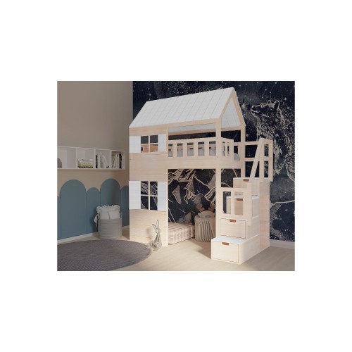Łóżko domek z antresolą i okiennicami