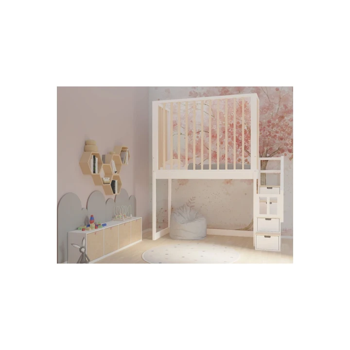 Białe łóżko na antresoli z lamelami i schodkami w pokoju dziecka