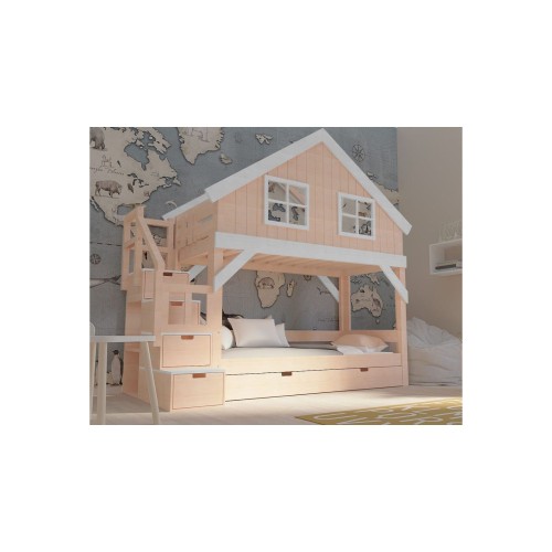 Łóżko piętrowe domek dla dziewczynki z daszkiem i szufladami, różne wykończenia