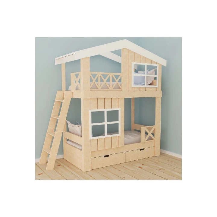 Piętrowe łóżko domek z drabinką i szufladami do pokoju dziecka
