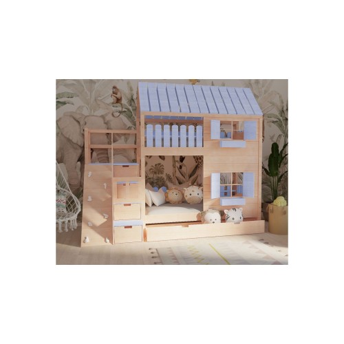 Drewniane łóżko piętrowe z kolorowymi chwytami wspinaczkowymi