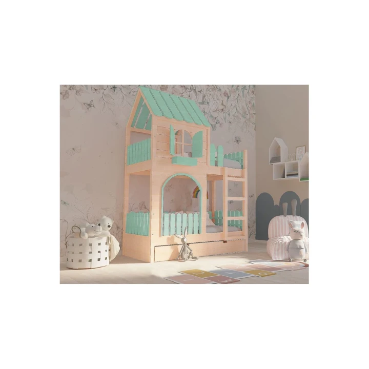 Drewniane łóżko piętrowe domek z płotkiem i drabinką