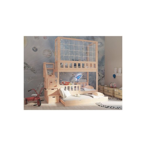 bezpieczne łóżko piętrowe dla dzieci z panelem sznurkowym i schodkami