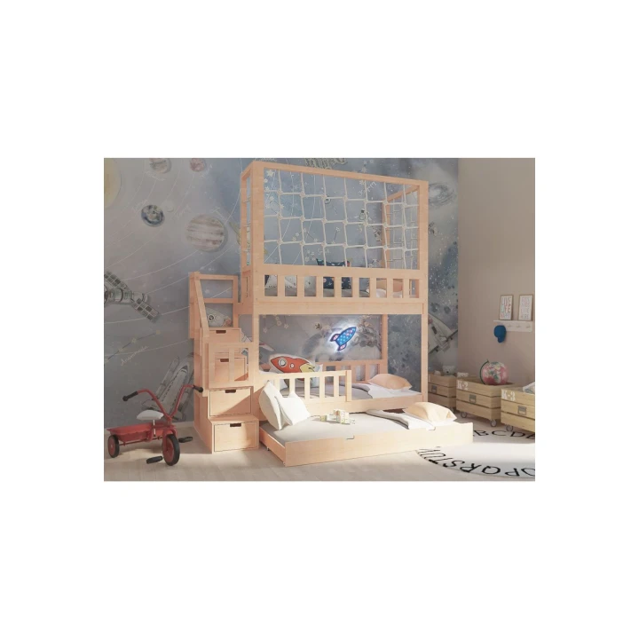 bezpieczne łóżko piętrowe dla dzieci z panelem sznurkowym i schodkami