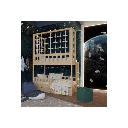 Łóżko piętrowe z panelem sznurkowym, drabinka