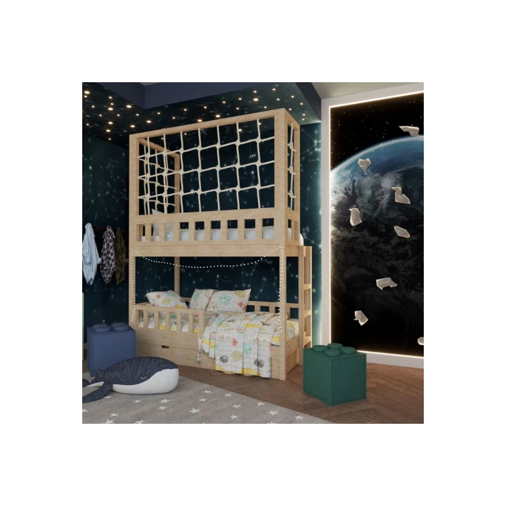 Łóżko piętrowe z panelem sznurkowym, drabinka