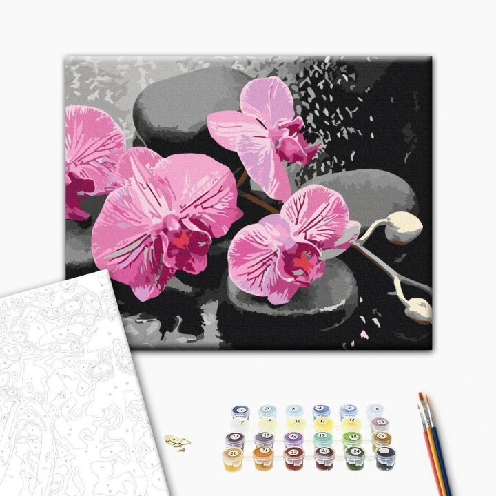 Obraz do samodzielnego malowania - Orchidea i kamienie zen (czarne tło)