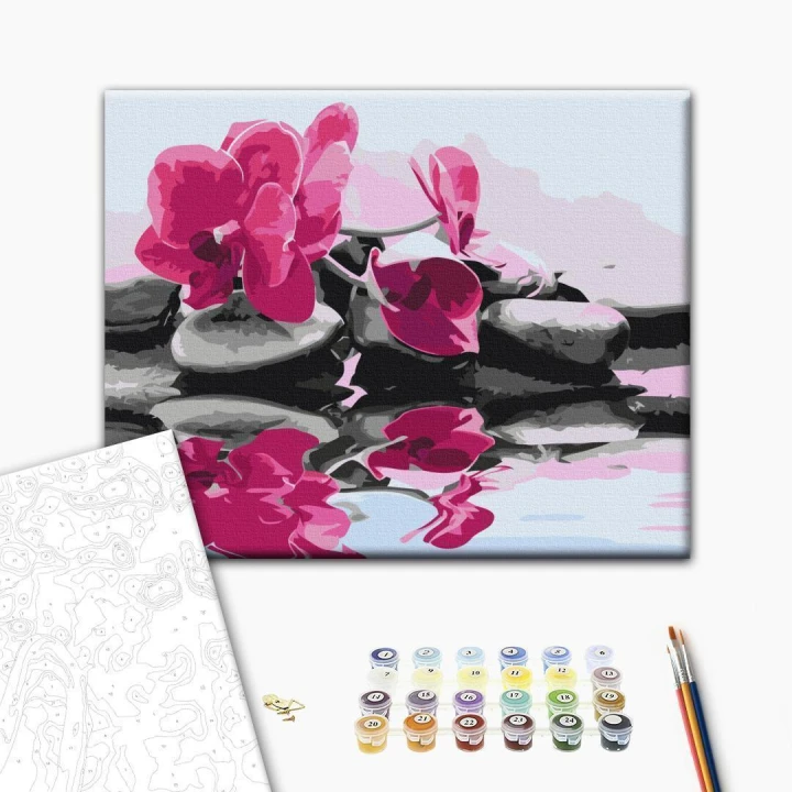 Obraz do samodzielnego malowania - Orchidea i kamienie zen w lustrze wody