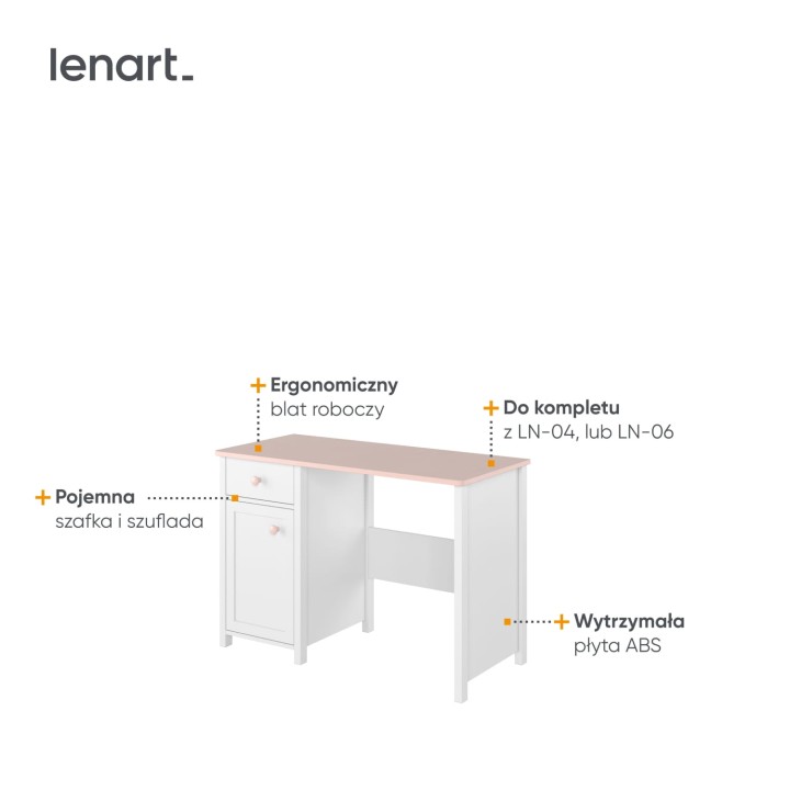 biurko Luna białe z różowym blatem - najważniejsze cechy