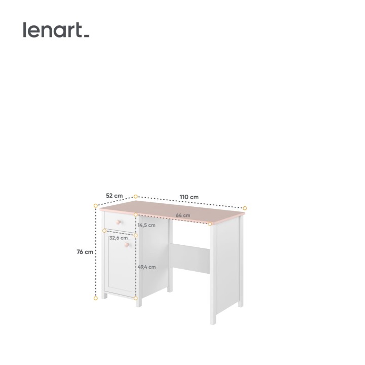 biurko Luna białe z różowym blatem - wymiary