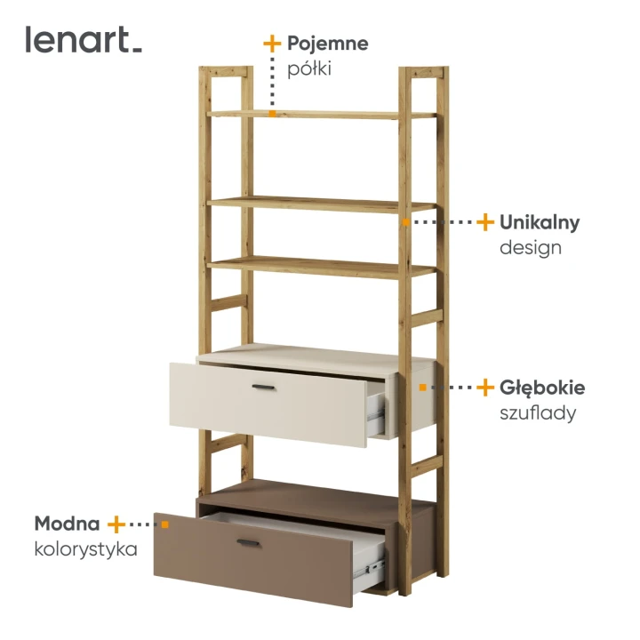 regał młodzieżowy Lenny szeroki z półkami i szufladami w kolorze dąb artisan, beż piaskowy i trufla-szczegóły produktu
