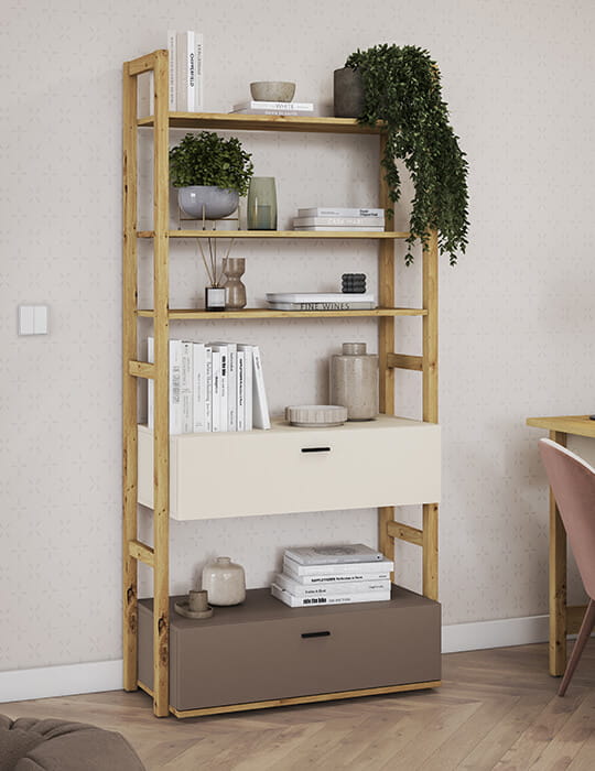 regał młodzieżowy Lenny szeroki z półkami i szufladami w kolorze dąb artisan, beż piaskowy i trufla-aranżacja w pokoju dziecka