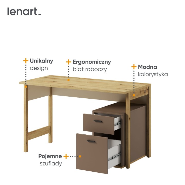 biurko młodzieżowe Lenny w kolorze dąb artisan z szufladami beż piaskowy i trufla, najważniejsze cechy biurka