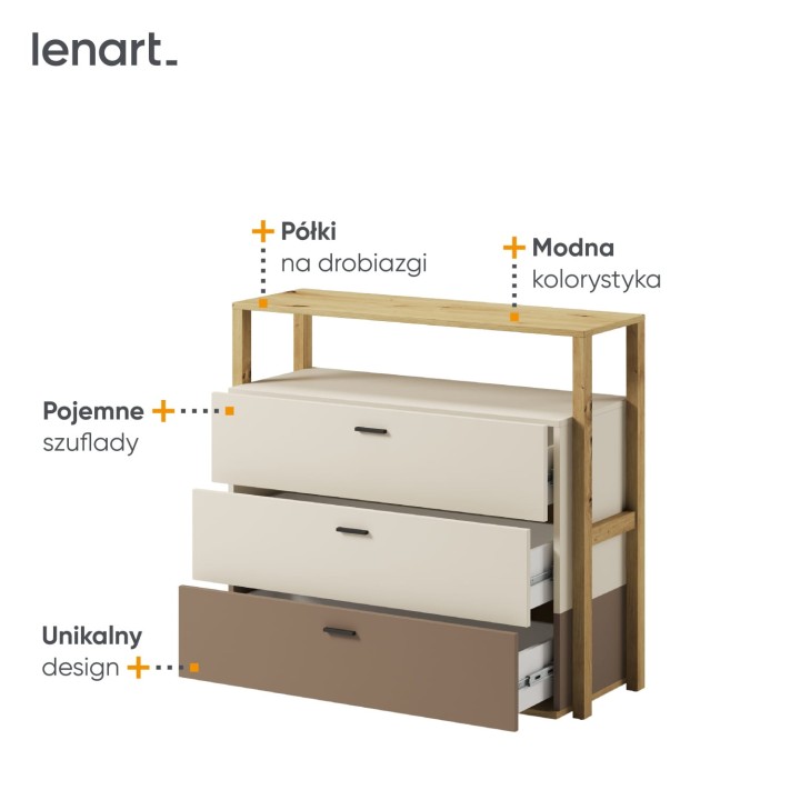 komoda młodzieżowa Lenny z trzema szufladami w kolorze dąb artisan, beż piaskowy i trufla, detale