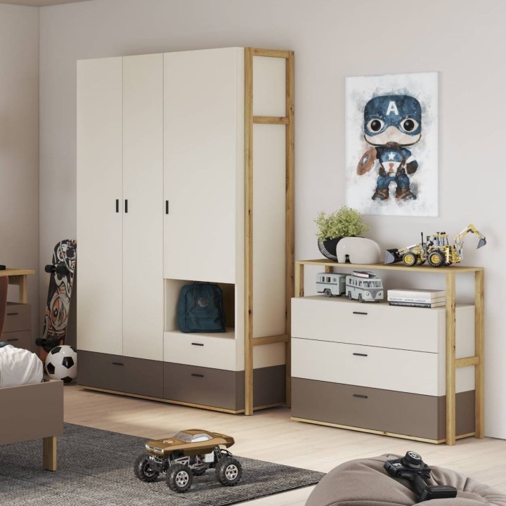 komoda młodzieżowa Lenny ustawiona obok szafy młodzieżowej Lenny z półkami i szufladami