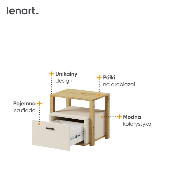 stolik nocny Lenny w kolorze dąb artisan, beż piaskowy i trufla z szufladą-detale