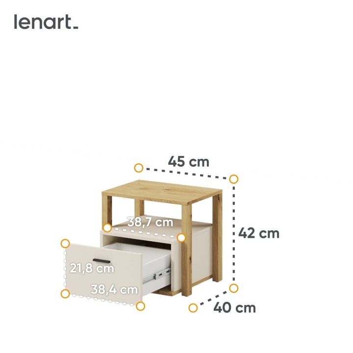 stolik nocny Lenny w kolorze dąb artisan, beż piaskowy i trufla z szufladą-wymiary