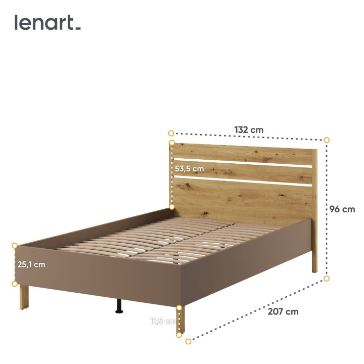 łóżko młodzieżowe 120x200 Lenny w kolorze dąb artisan, beż piaskowy i trufla-wymiary