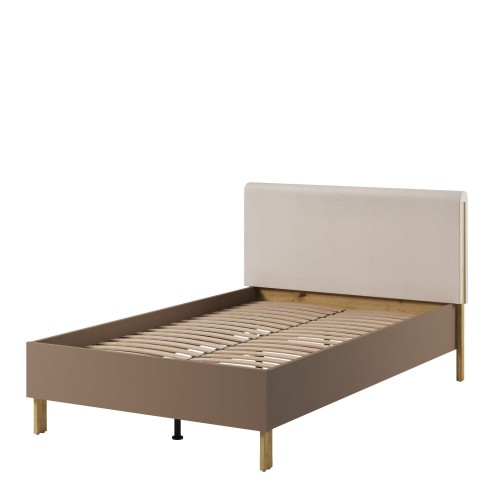 łóżko młodzieżowe 120x200 Lenny w kolorze dąb artisan, beż piaskowy i trufla z tapicerowanym zagłówkiem