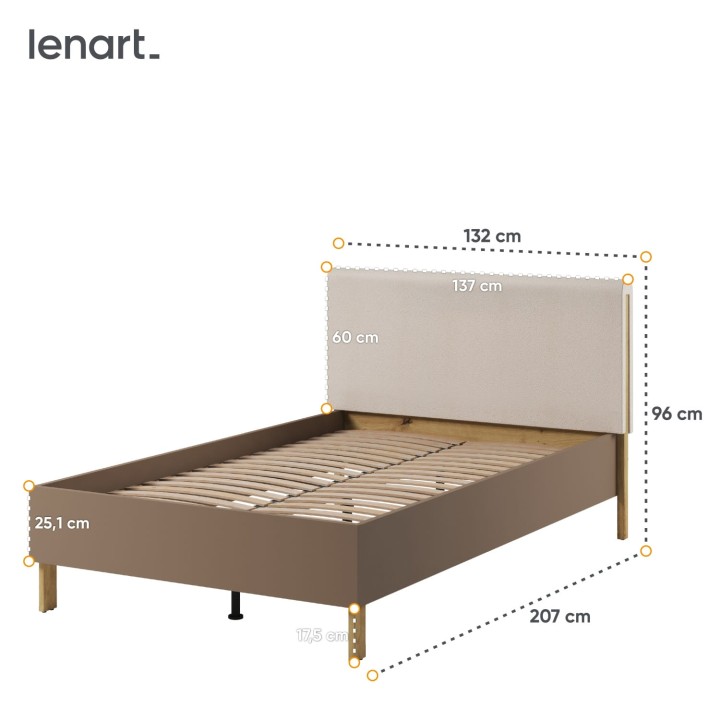 łóżko młodzieżowe 120x200 Lenny w kolorze dąb artisan, beż piaskowy i trufla-wymiary z zagłówkiem