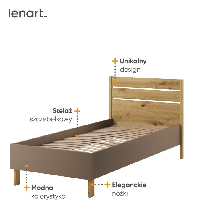 łóżko młodzieżowe 90x200 Lenny w kolorze dąb artisan, beż piaskowy i trufla-detale