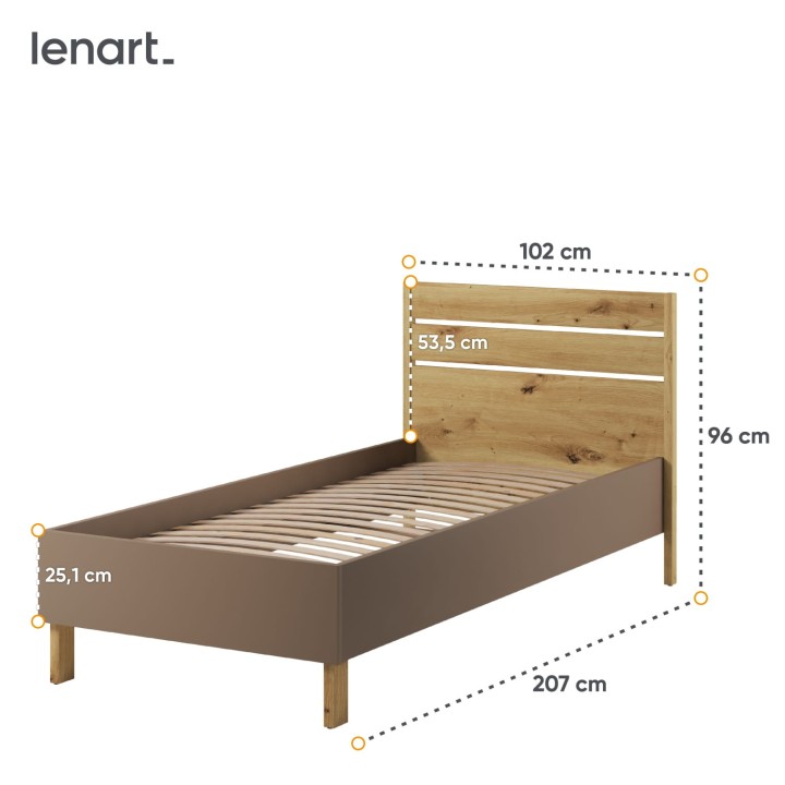 łóżko młodzieżowe 90x200 Lenny w kolorze dąb artisan, beż piaskowy i trufla-wymiary
