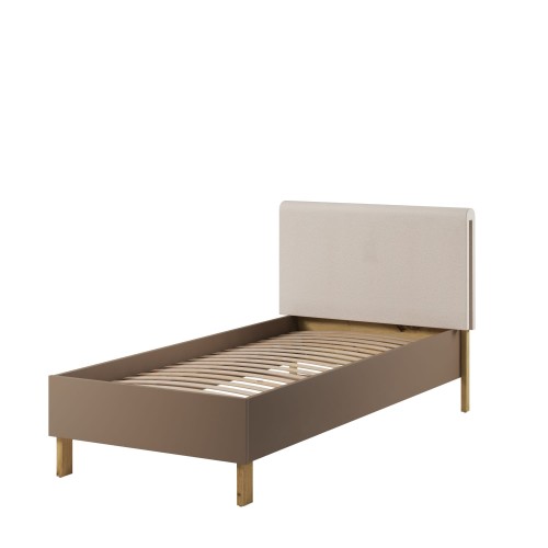 łóżko młodzieżowe 90x200 Lenny w kolorze dąb artisan, beż piaskowy i trufla z tapicerowanym zagłówkiem