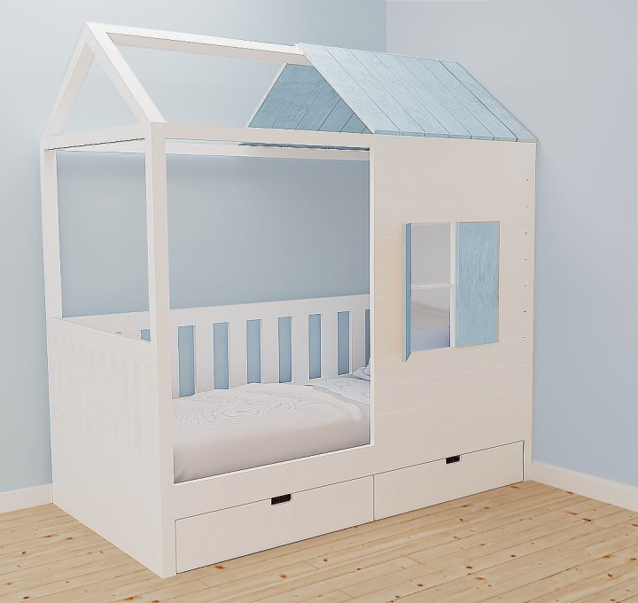 łóżko domek z szufladą - niebieski