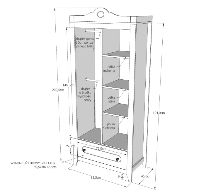 Biała szafa Glamour z kryształowymi uchwytami - wymiary